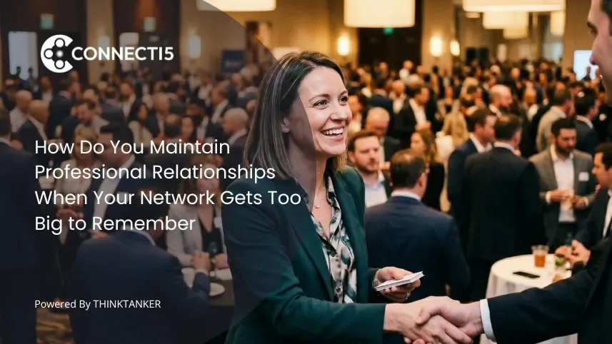 A professional woman smiling and shaking hands at a busy networking event, with a large crowd of professionals in conversation in the background, illustrating how to maintain professional relationships when your network gets too big to manage.