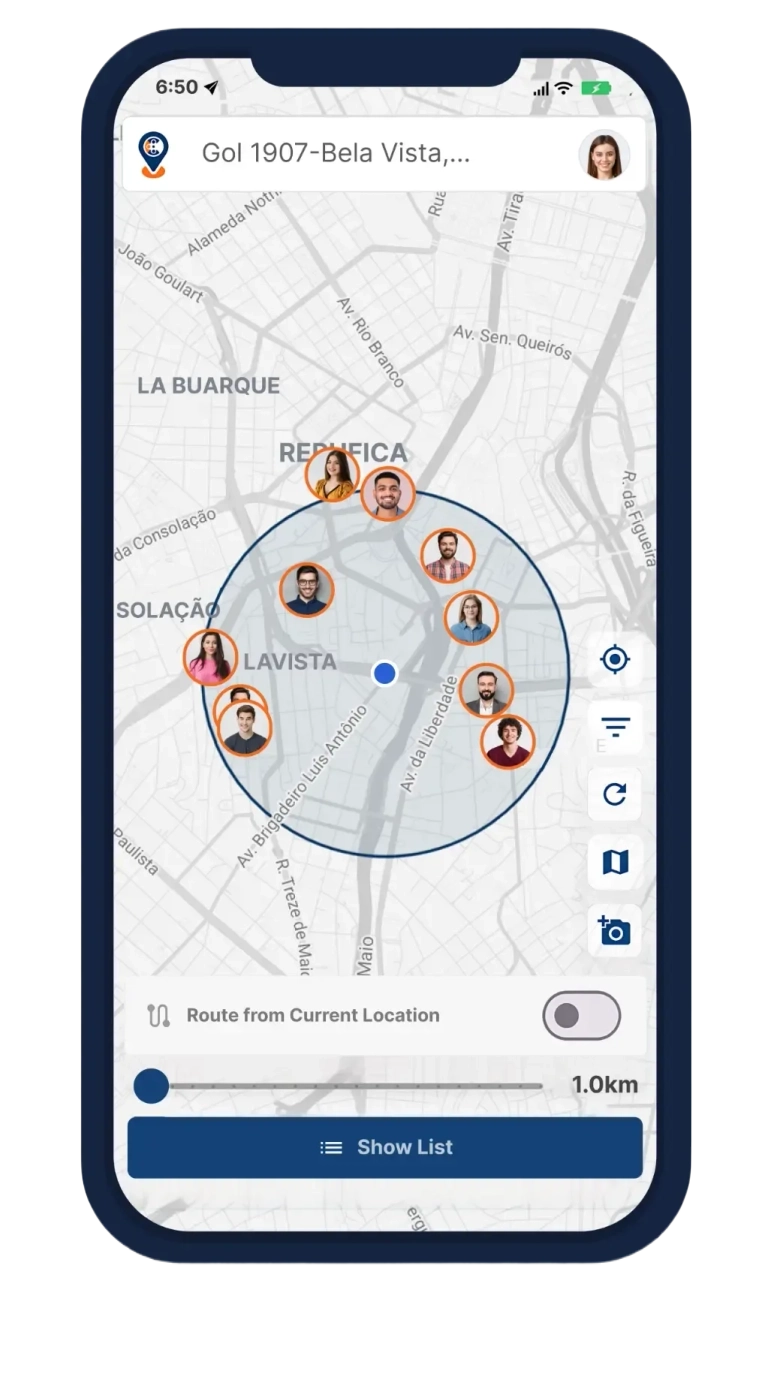 Connecti5 app showing contacts on a map
